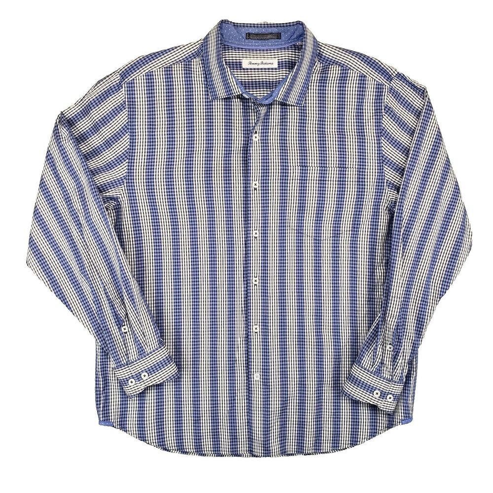 Tommy Bahama Geometric Dress Shirt Mens Large Blue Check Retro Funky‎ Resortwear